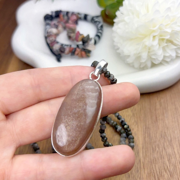 Peach Moonstone Pendant Moonstone Necklace Pure Sterling Silver 925 Set Lot - Picture 4 of 11